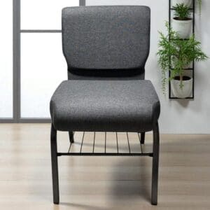 Modern gray upholstered chair with metal frame and storage rack under seat.