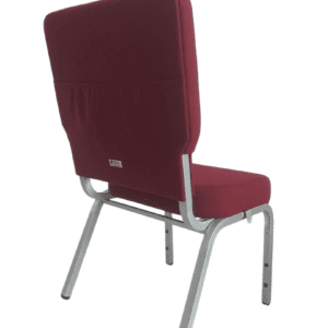 Red cushioned chair with metal legs and back support.