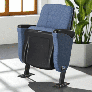 A blue cushioned auditorium chair with black armrests and a foldable seat.