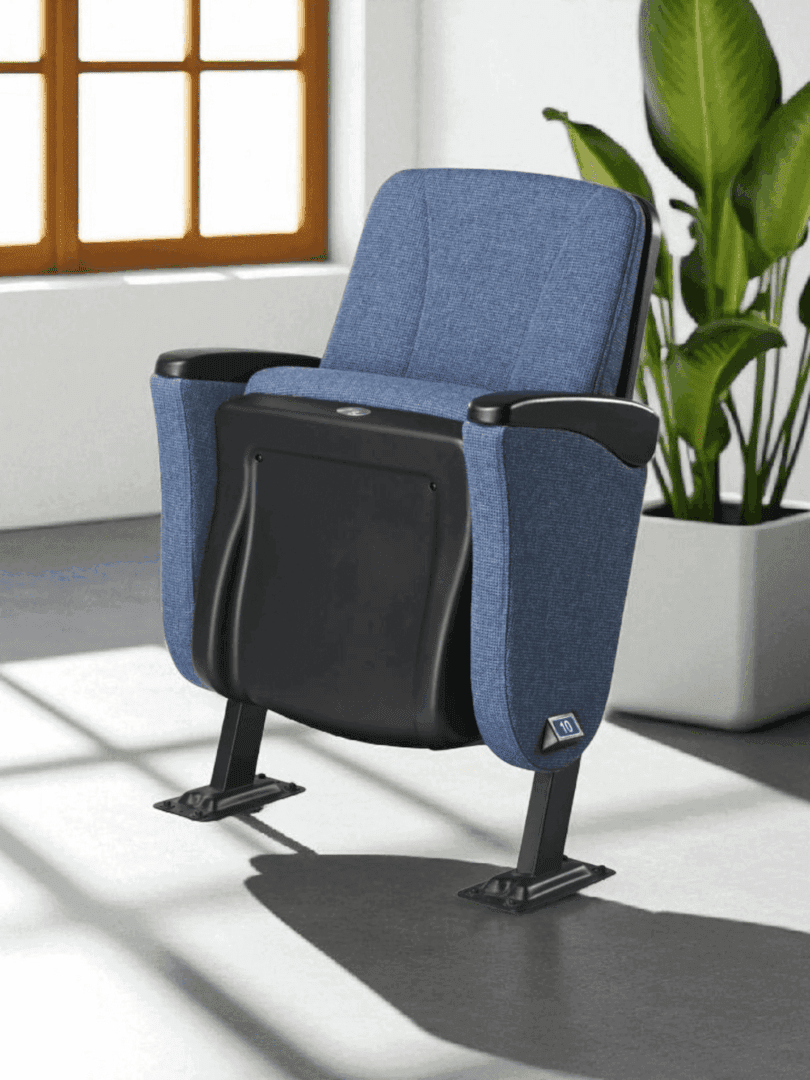 A blue cushioned auditorium chair with black armrests and a foldable seat.
