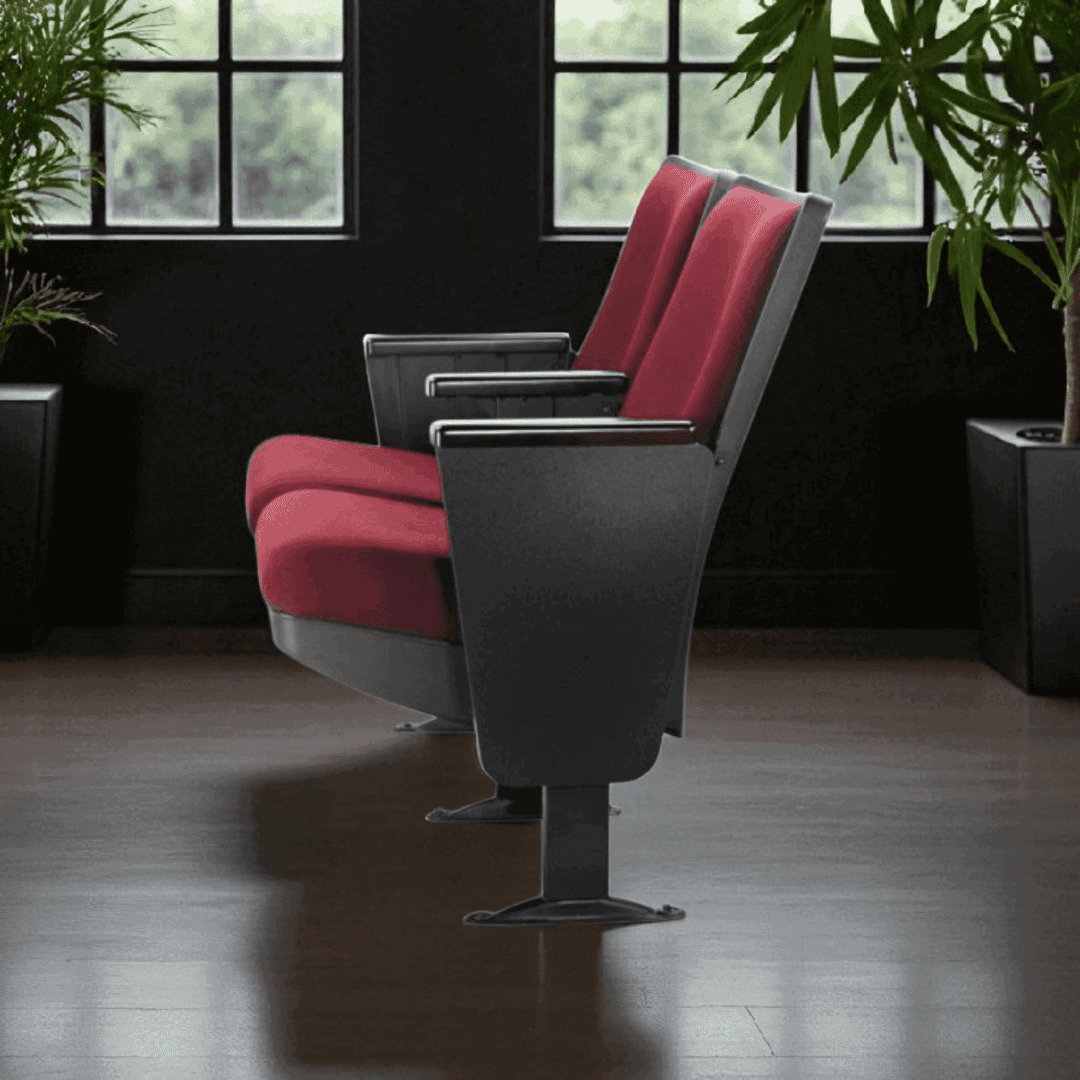 Two empty red theater seats in a dim room with large windows.