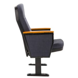 Side view of a modern theater seat with wooden armrests and cushioned backrest.