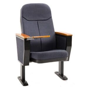 A modern auditorium chair with black cushioning and wooden armrests.