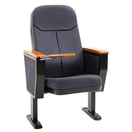 A modern auditorium chair with black cushioning and wooden armrests.