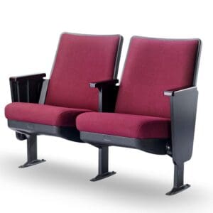 Pair of maroon theater seats with black armrests and metal supports.
