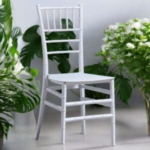 White wooden chair surrounded by lush green plants.