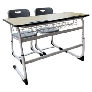A double school desk with metal frame and attached seats.