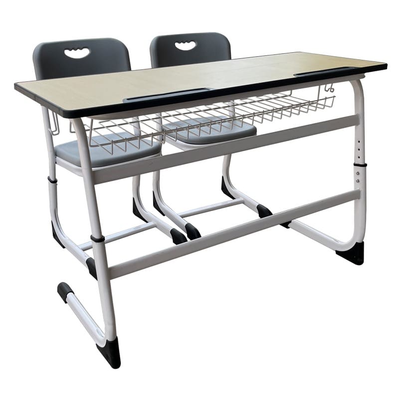 A double school desk with metal frame and attached seats.