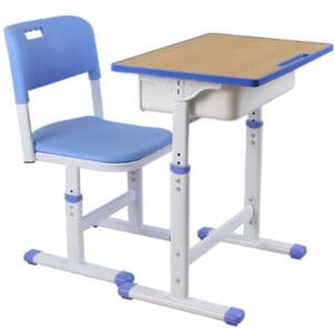A blue and beige school desk with an attached chair.