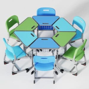 Colorful hexagonal table with matching chairs in blue and green.