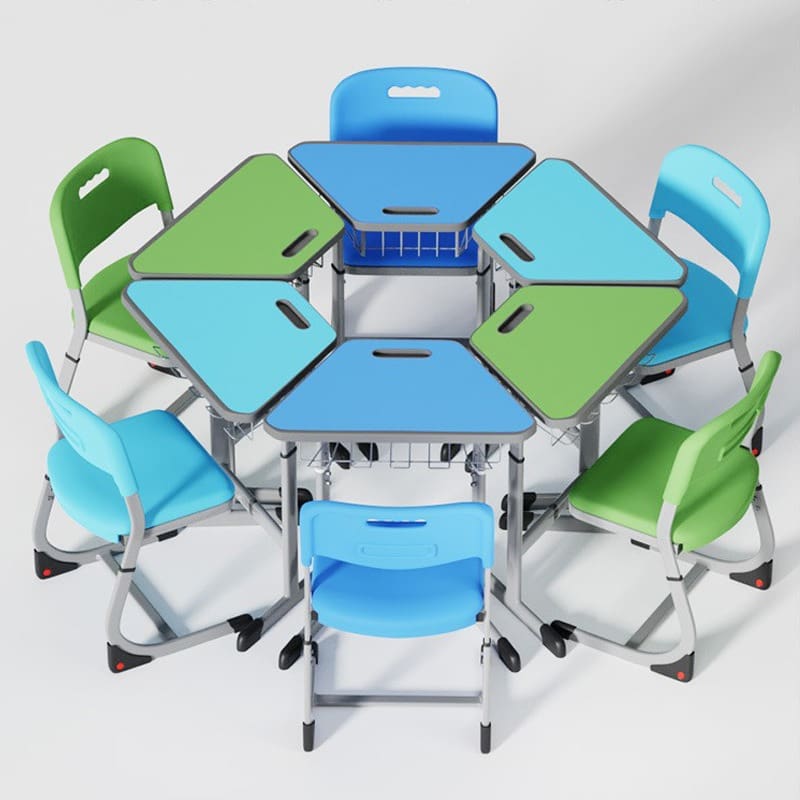 Colorful hexagonal table with matching chairs in blue and green.