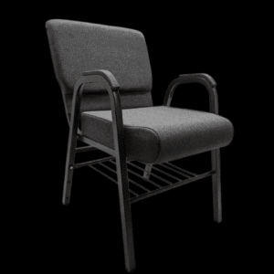 A modern, cushioned black chair with armrests and a lower rack.