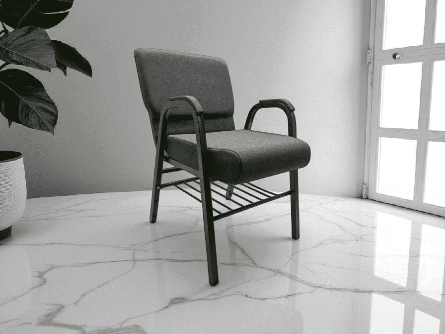 Gray chair on marble floor near window.