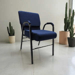 Modern blue chair with black metal frame in a minimalist room.