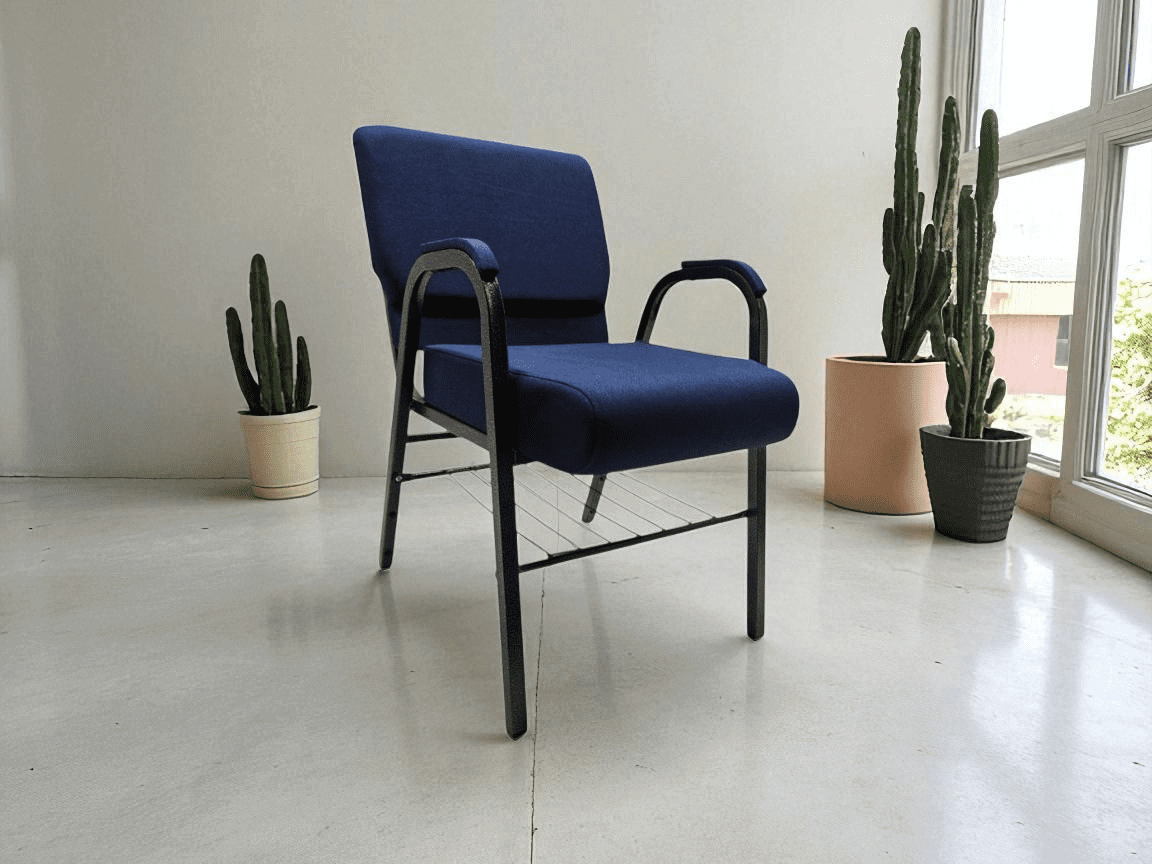 Modern blue chair with black metal frame in a minimalist room.